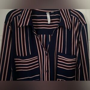 NY Collection Navy Blue w/Pink and Maroon Stripes Button Front Blouse XL